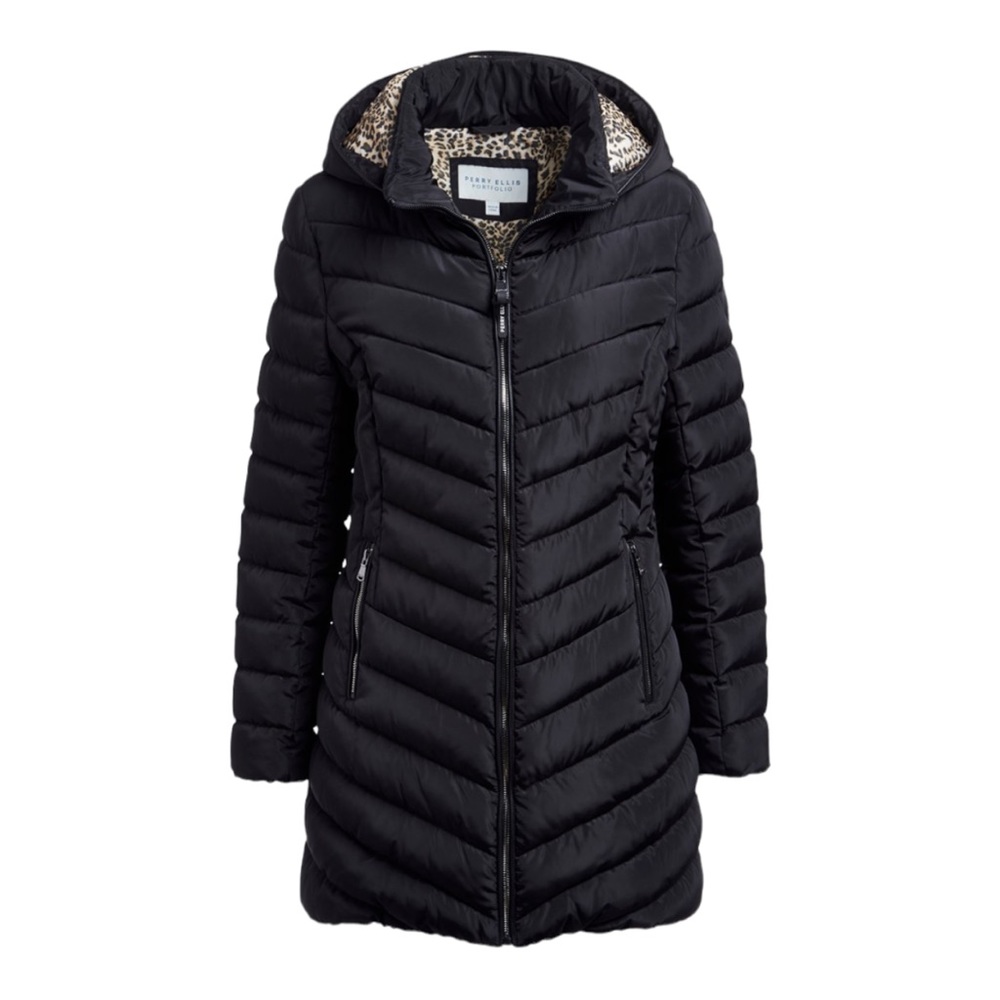 Perry Ellis Women’s Heavyweight Quilted Chevron Leopard Lined Puffer Jacket NWT
